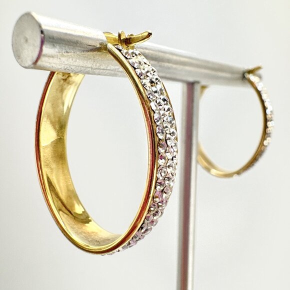 14K & Sterling Silver 925 Cubic Zirconia Elongated Hoop Earrings Size 1" Length - Picture 6 of 13